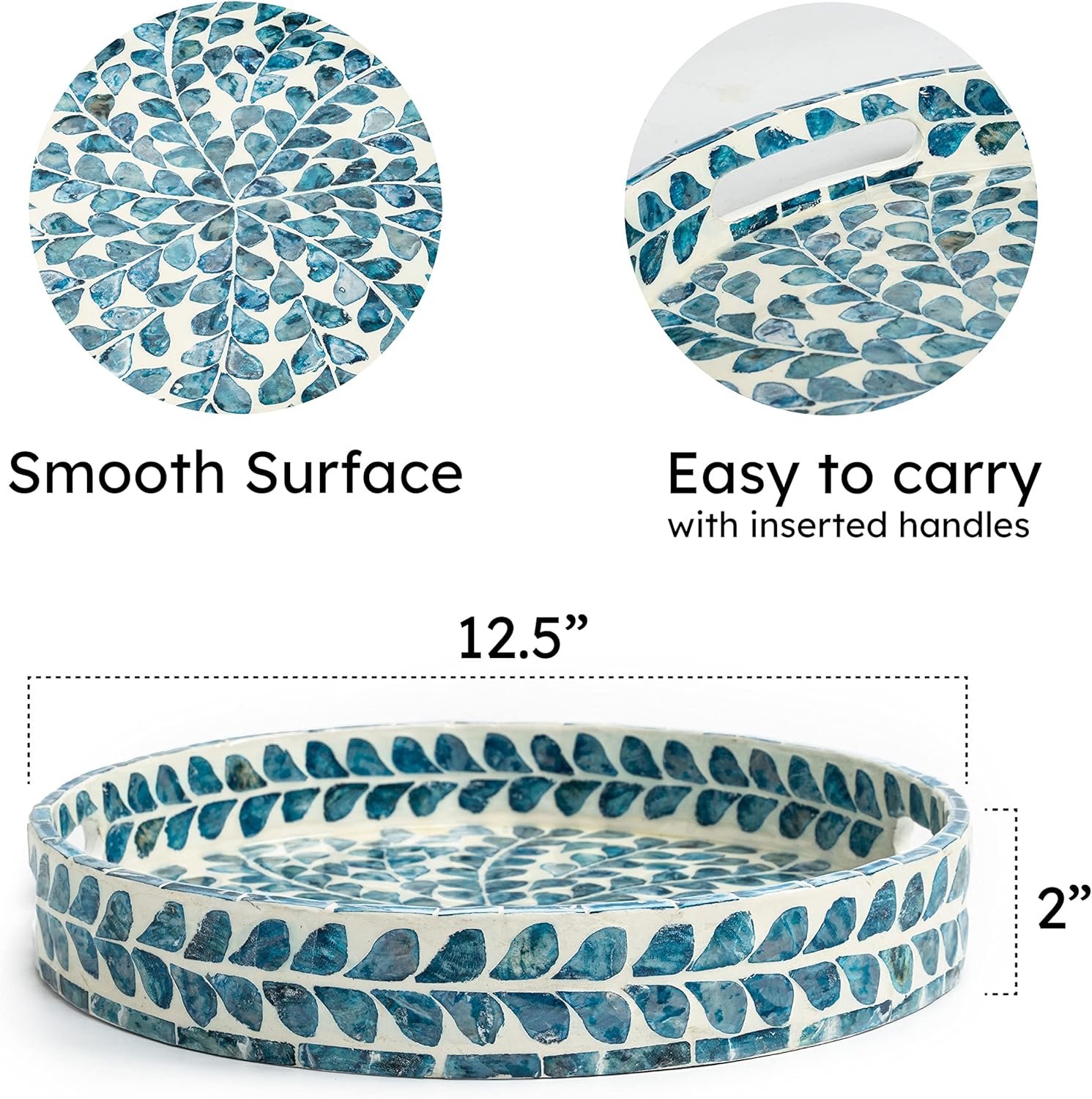 CLAYNIX Serving Tray 12.5 Inch, Lacquer Mother of Pearl Inlay Mosaic Tray, Round Wooden Marble Tray with Handles Trays for Tea, Breakfast (Leaf Style) - Image 4