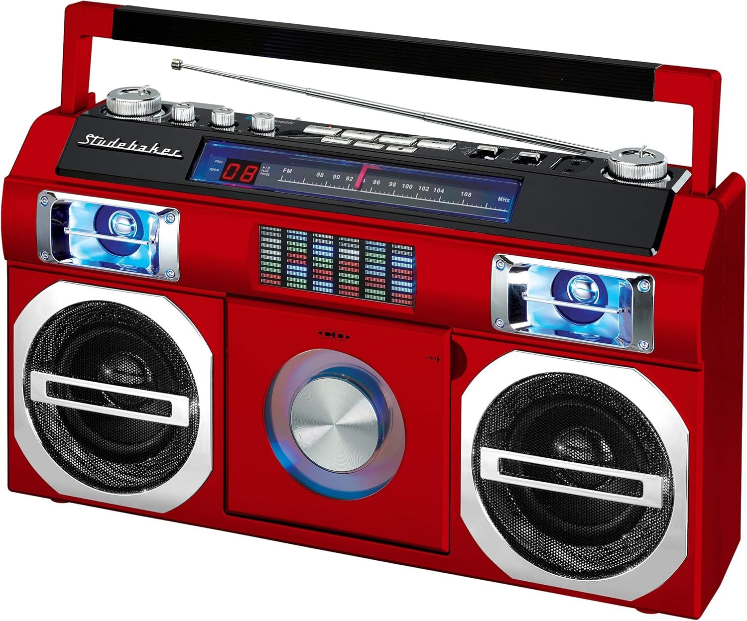 Studebaker SB2145R 80's Retro Street Bluetooth Boombox with FM Radio, CD Player, LED EQ, 10 Watts RMS Power and AC/DC in Red - Image 2