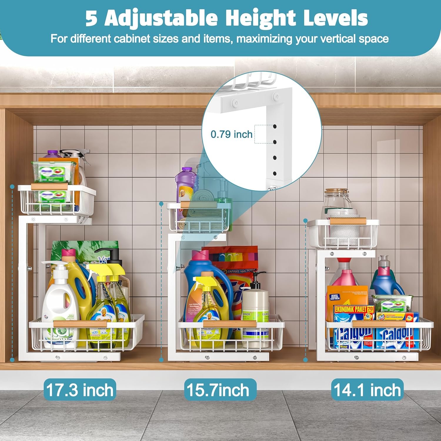 Under Sink Organizer 2 pack, 2 Tier Slide Out Under Sink Organizers And Storage, Height Adjustable Pull Out Cabinet Organizer Drawers, Kitchen Bathroom Metal Sink Storage Shelves, White - Image 4