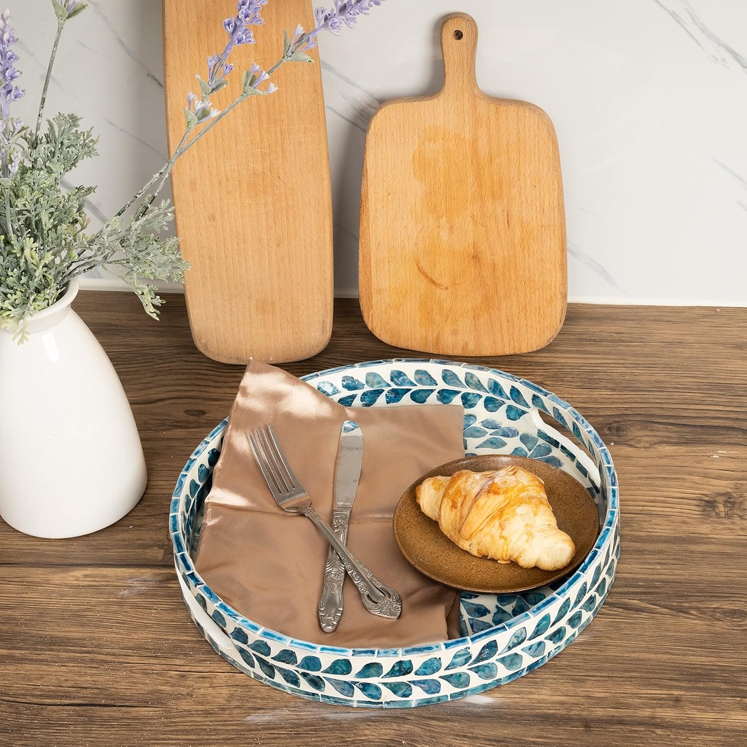 CLAYNIX Serving Tray 12.5 Inch, Lacquer Mother of Pearl Inlay Mosaic Tray, Round Wooden Marble Tray with Handles Trays for Tea, Breakfast (Leaf Style) - Image 5