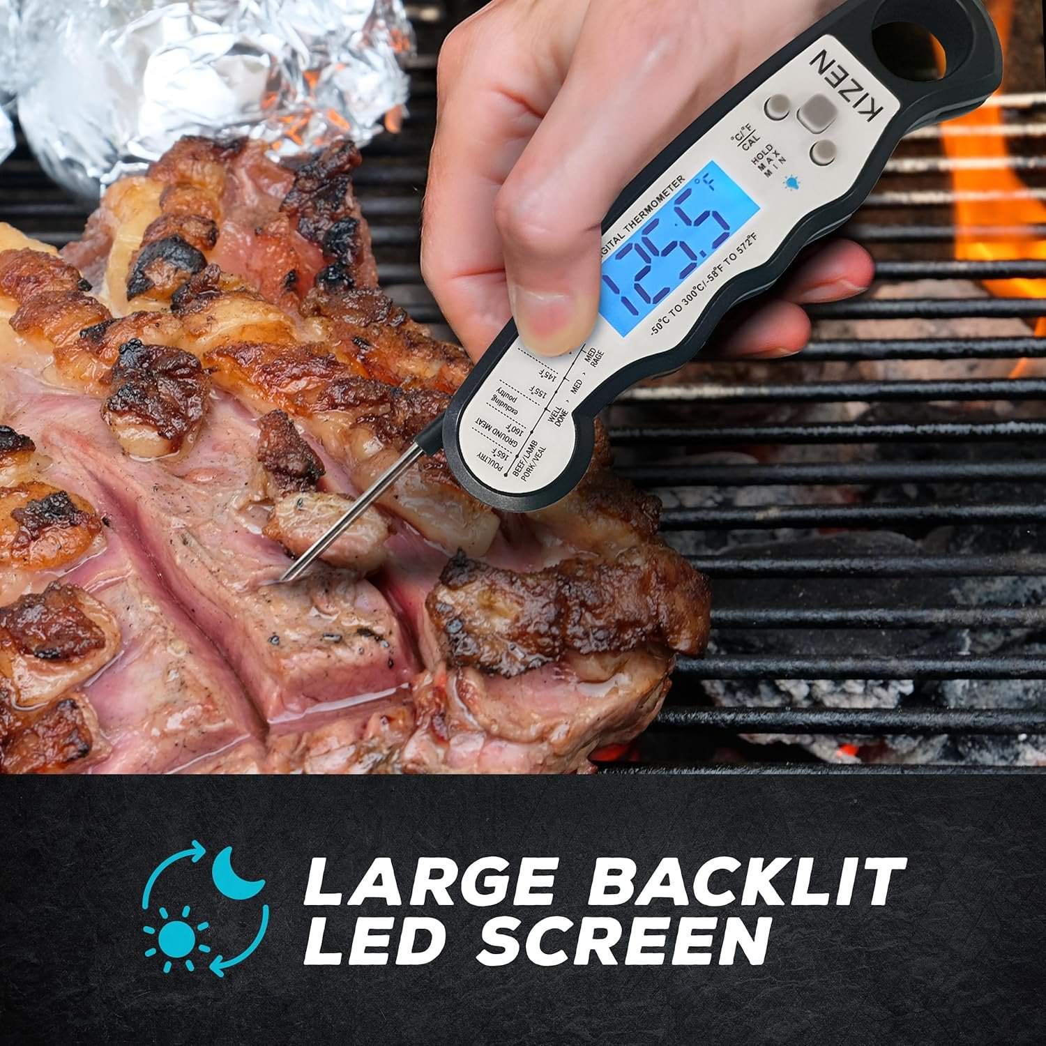 KIZEN Instant Read Meat Thermometer Digital - Food Thermometer for Cooking, Grill, Oven, BBQ - Waterproof and Backlit Display - Image 3