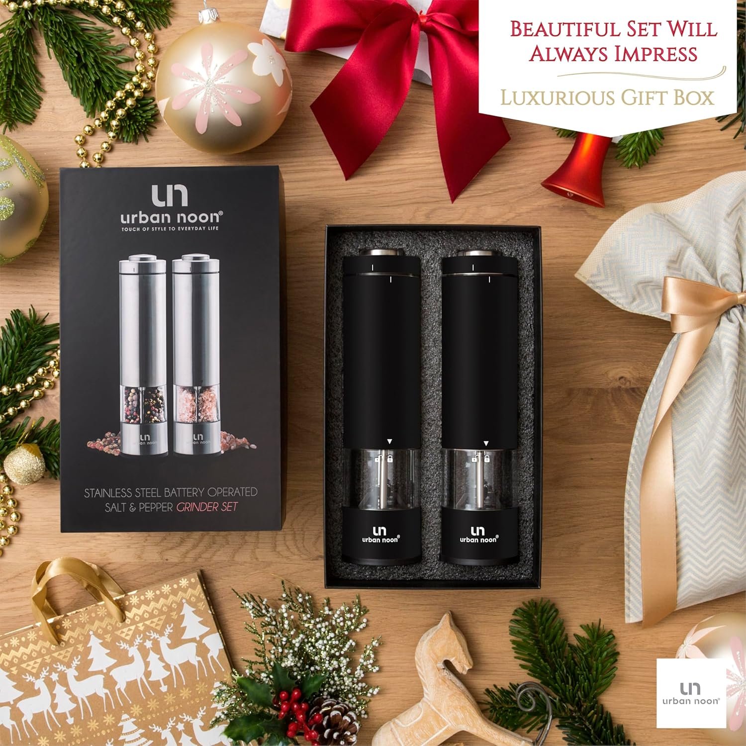 Electric Salt and Pepper Grinder Set - Battery Operated Stainless Steel Mill with Light (2 Black Mills) - Automatic One Handed Operation - Electronic Adjustable Shakers - Ceramic Grinders - Image 3