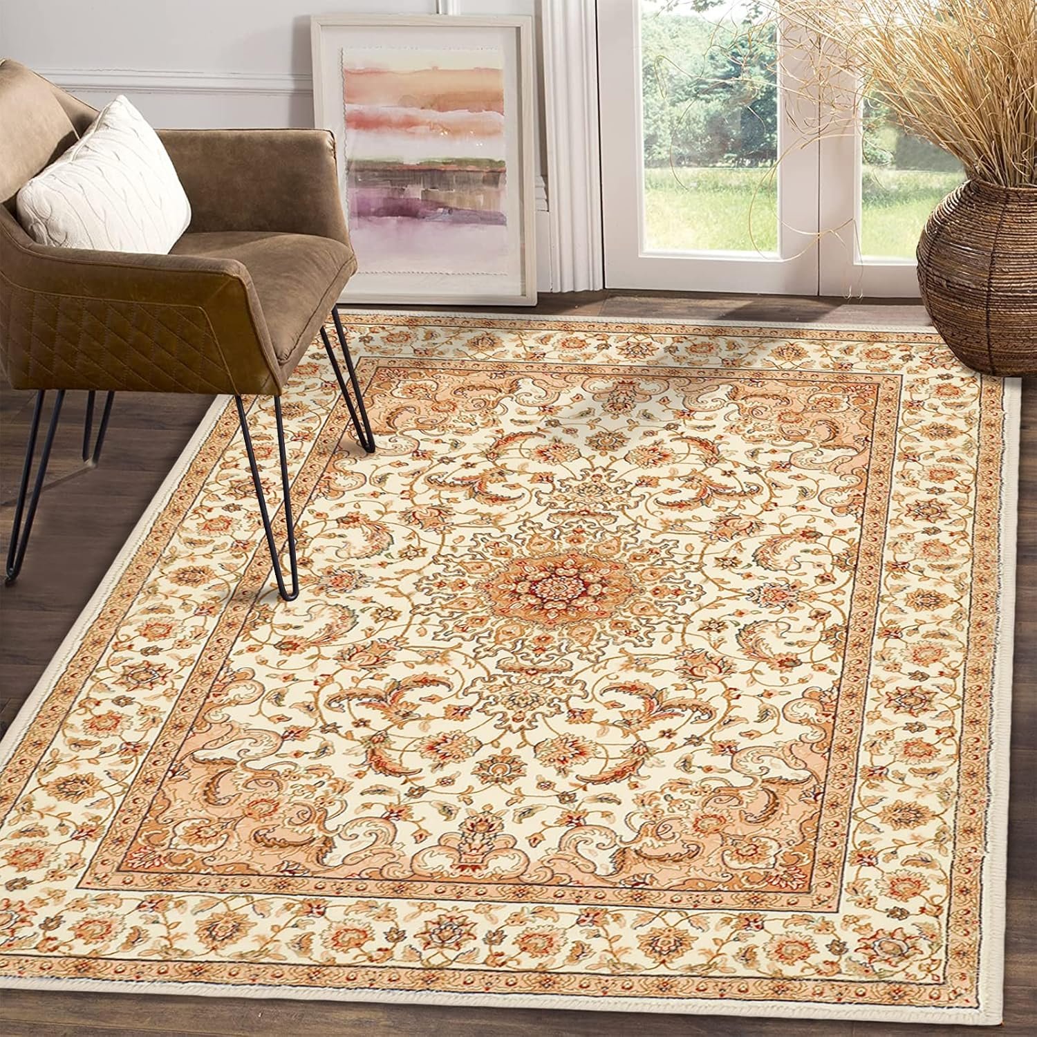 COMSLE Boho Area Rug, 4' x 6' Machine Washable Rugs for Entryway Faux Wool Large Rugs Distressed Throw Rug Non-Slip Floor Carpet for Indoor Bedroom Kitchen Living Room Cream/Beige-2 - Image 2