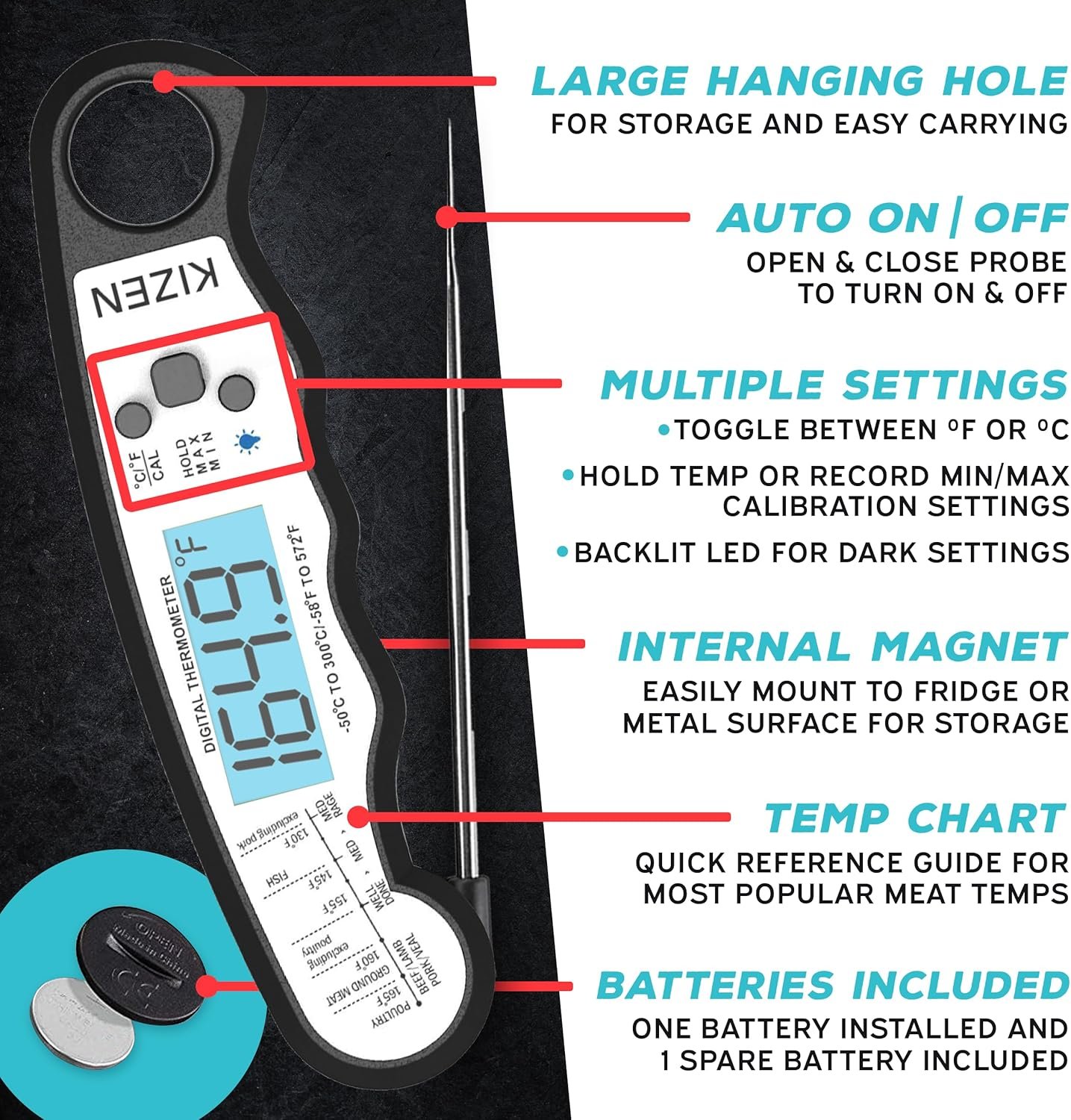 KIZEN Instant Read Meat Thermometer Digital - Food Thermometer for Cooking, Grill, Oven, BBQ - Waterproof and Backlit Display - Image 5