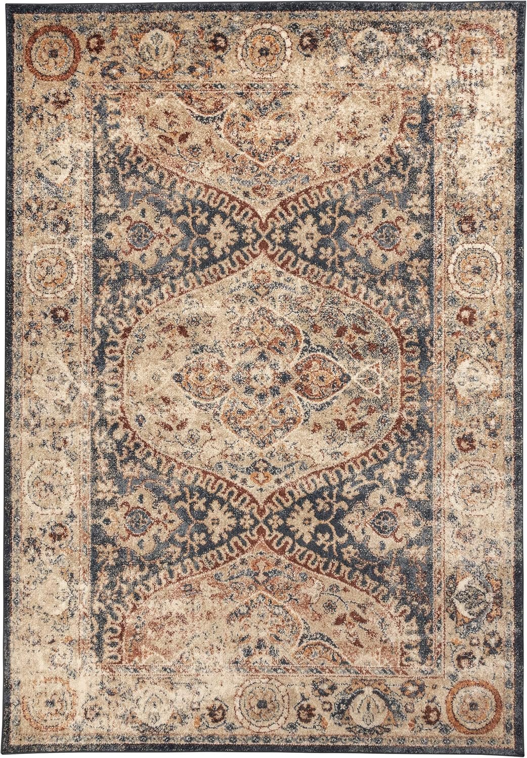 Superior Indoor Area Rug, Stylish Rugs For Living Room, Bedroom, Office, Hardwood Floors, Kitchen, Dining, Carpet Essentials, Dark Blue Decor, Ogee Medallion, Sibylla Collection, 5' x 8', Beige - Image 2