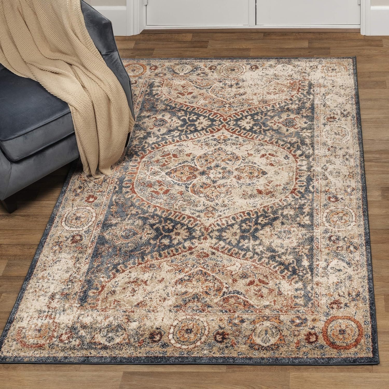 Superior Indoor Area Rug, Stylish Rugs For Living Room, Bedroom, Office, Hardwood Floors, Kitchen, Dining, Carpet Essentials, Dark Blue Decor, Ogee Medallion, Sibylla Collection, 5' x 8', Beige - Image 3