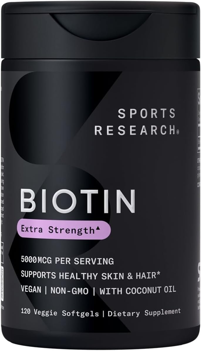Sports Research Extra Strength Vegan Biotin (Vitamin B) Supplement with Organic Coconut Oil - Supports Keratin for Healthier Hair & Skin - Great for Women & Men - 5,000mcg, 120 Veggie Softgel Capsules - Image 2