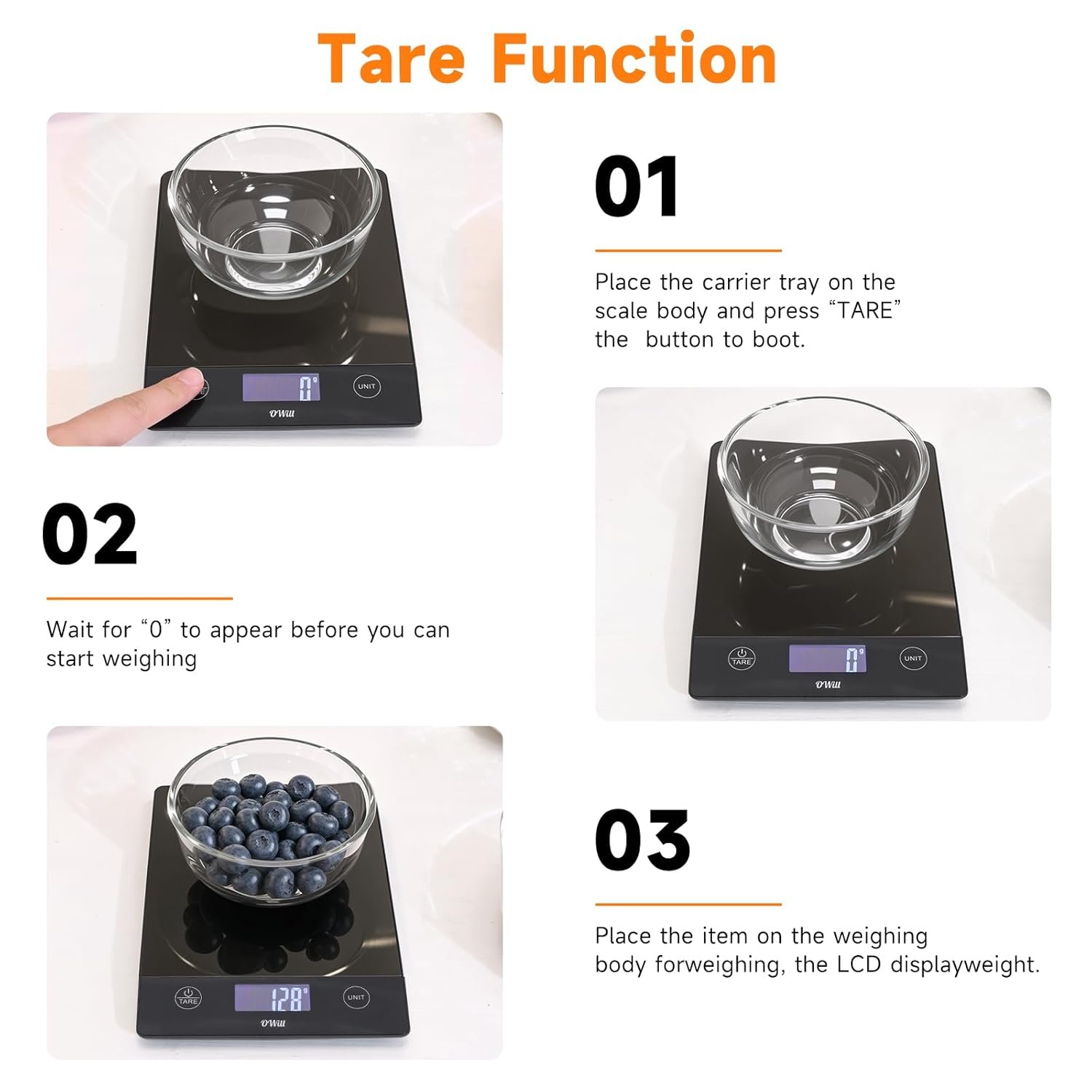 OWill Food Kitchen Scale,22lb Digital Kitchen Scale for Food Grams and Ounces,0.05oz/1g Precise Graduation,Rechargeable Stainless Steel Gram Scale, Included Batteries and USB-C Charging Cable -Blcak - Image 7