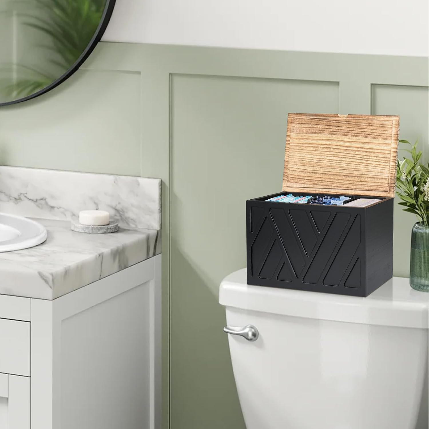 Tampon Holder for Bathroom Decor, Feminine Product Organizer with Lid, Shark Week Tampon Storage, Wood Pad and Tampon Organizer for Toilet Organizer, Bathroom Accessories Box for Girl Stuff - Image 5
