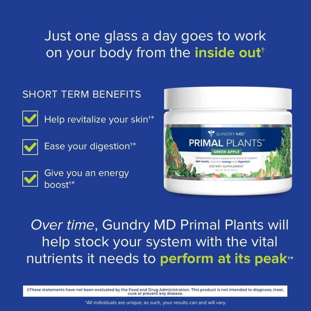 Gundry MD® Primal Plants MTHF Greens Powder Superfood Supplement to Support Skin Health, Optimize Energy and Digestion, 1 Full Serving of Vegetables - Green Apple Flavor (30 Servings) (New Formula) - Image 5
