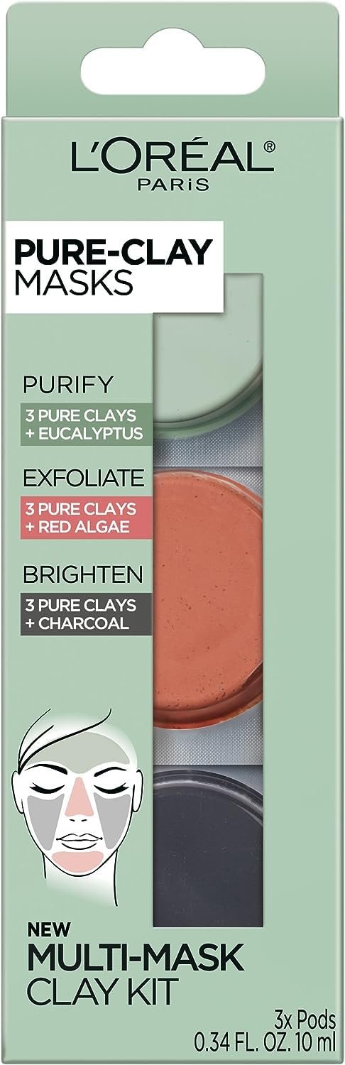 L'Oréal Paris Skincare Pure-Clay Face Mask Trial Size Set, Includes 3 Different Face Masks Made With Charcoal, Red Algae and Eucalyptus, Set - Image 2