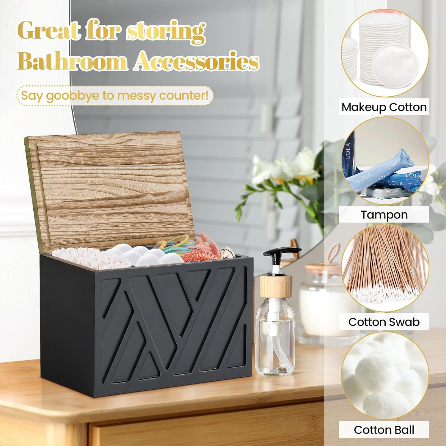 Tampon Holder for Bathroom Decor, Feminine Product Organizer with Lid, Shark Week Tampon Storage, Wood Pad and Tampon Organizer for Toilet Organizer, Bathroom Accessories Box for Girl Stuff - Image 4