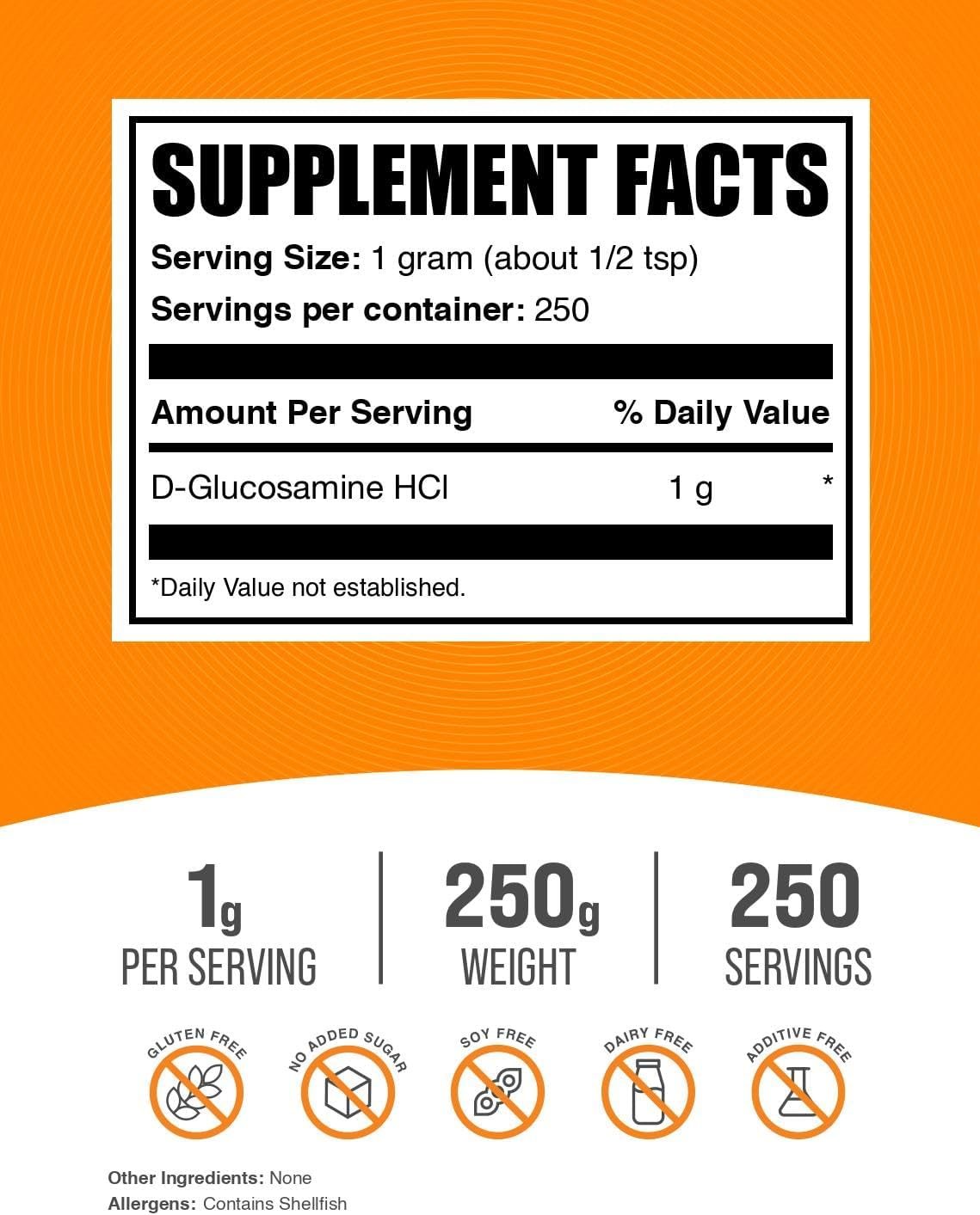 BulkSupplements.com Glucosamine HCl Powder - Glucosamine 1000mg, Glucosamine Supplement, Glucosamine Powder - Gluten Free, 1000mg per Serving, 250g (8.8 oz) (Pack of 1) - Image 3