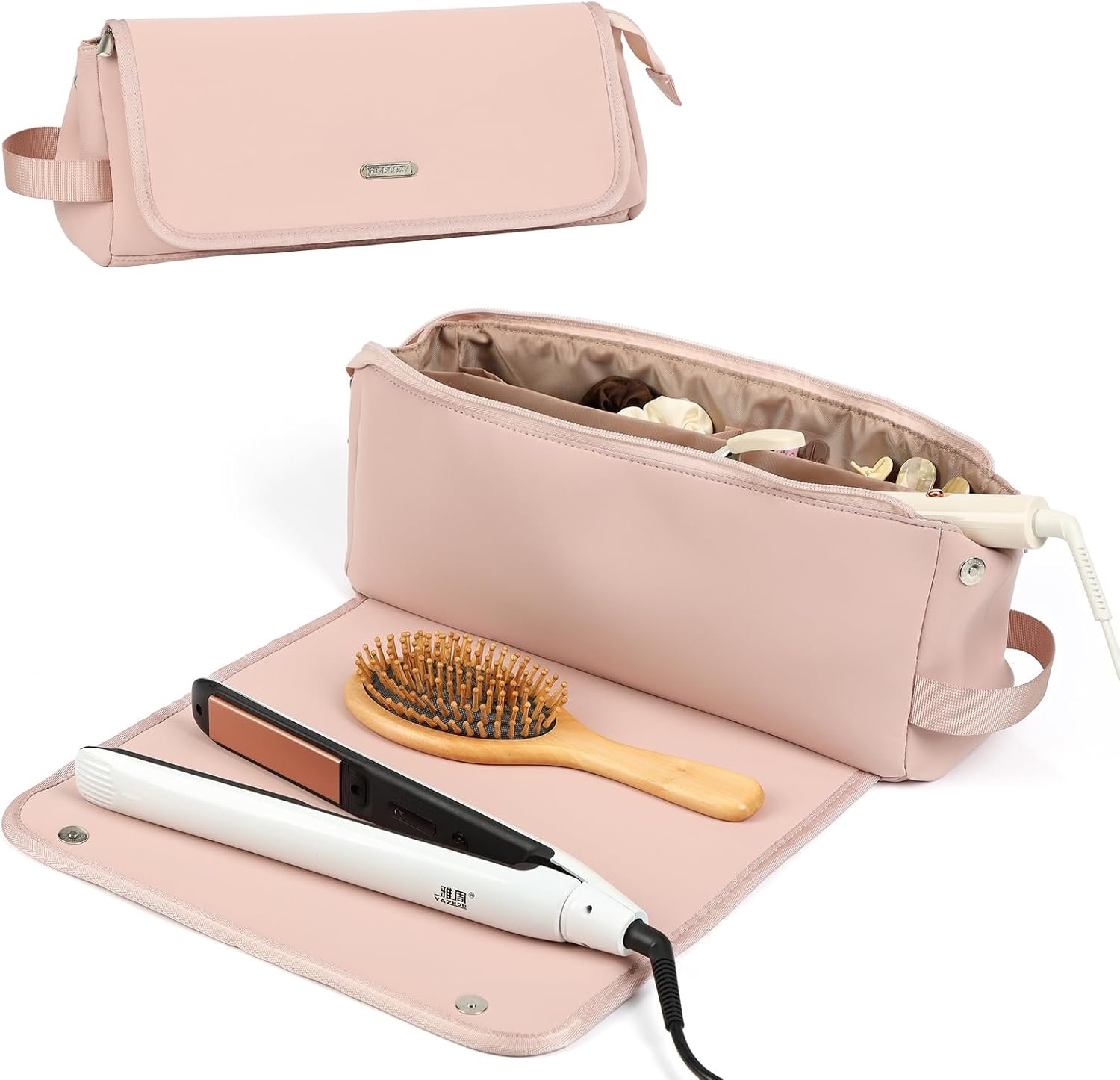 FINDCOZY Hair Tools Travel Bag, Haircare Accessory Organizer with Heat Resistant Mat for Curling Iron, Straighteners and Styling Appliance, Pink - Image 2