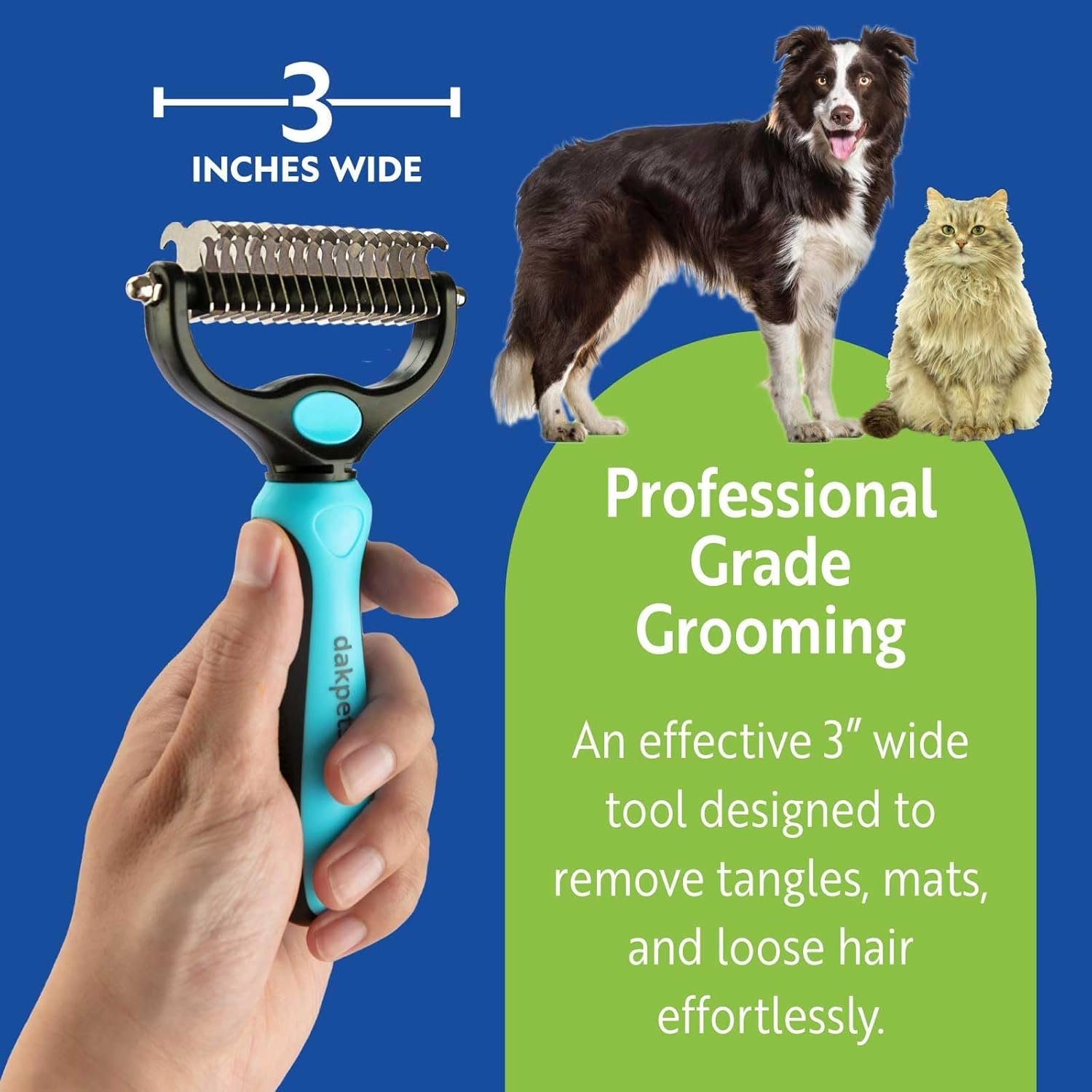 DakPets Pet Grooming Brush. Extra Wide, Double Sided Dematting Undercoat Rake for Dogs and Cats. Reduce Dog and Cat Shedding by 95%, Blue - Image 7