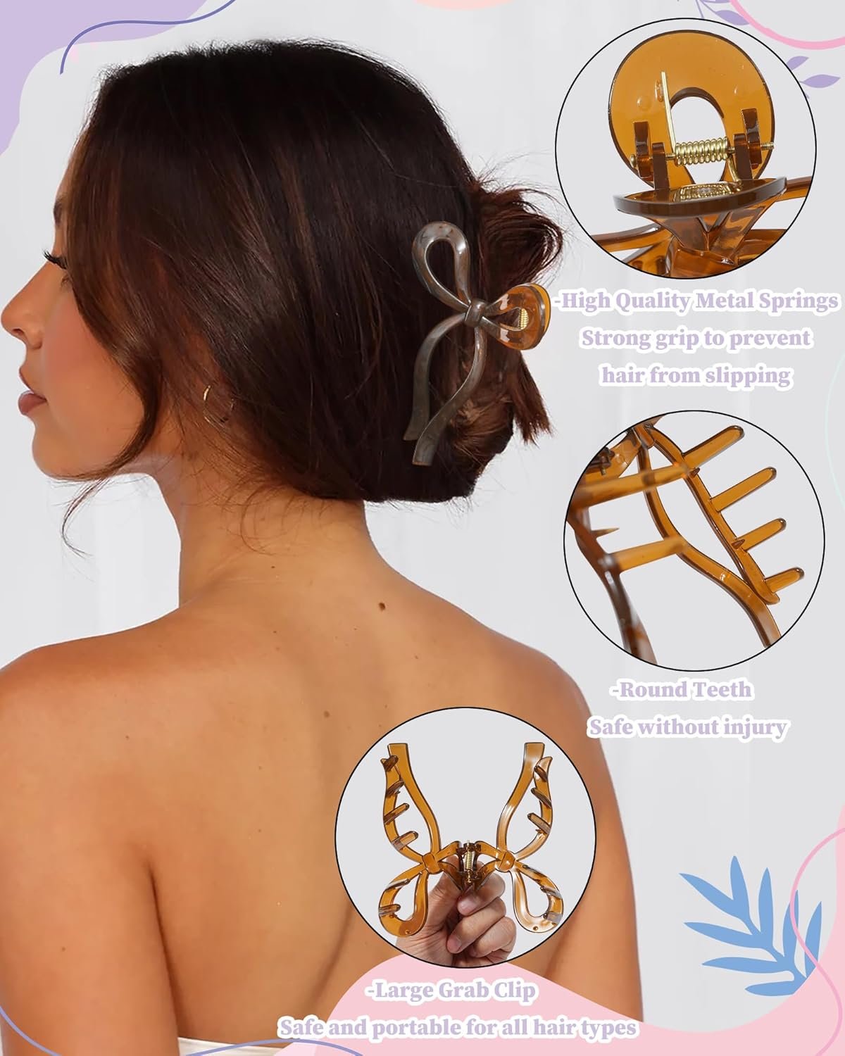 4 PCS Bow Hair Clips Bow Claw Clip for Women Nonslip Large Hair Claw Clips for Thin and Thick Hair Strong Hold Hair Bows (Light Brown+Light Pink+Khaki+Gray) - Image 5
