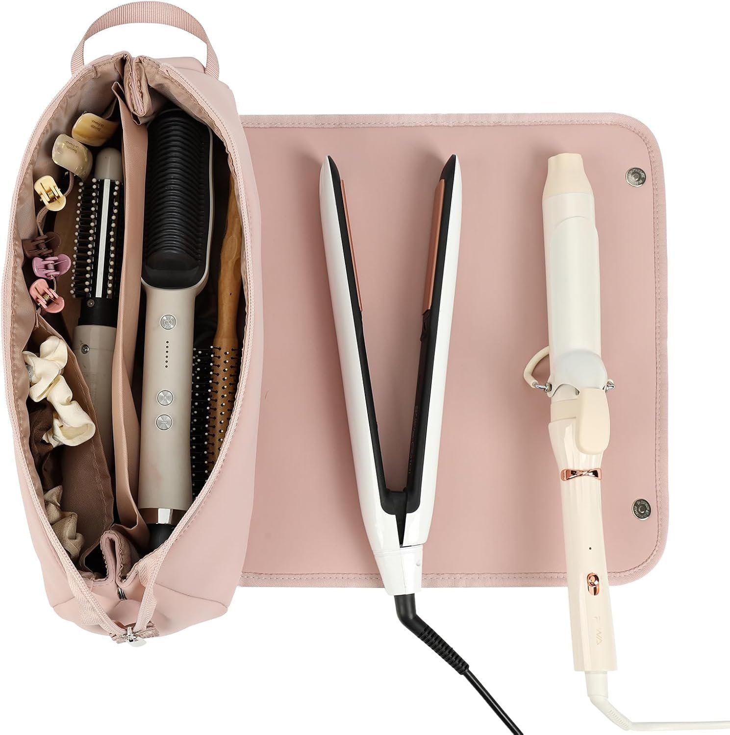 FINDCOZY Hair Tools Travel Bag, Haircare Accessory Organizer with Heat Resistant Mat for Curling Iron, Straighteners and Styling Appliance, Pink - Image 3