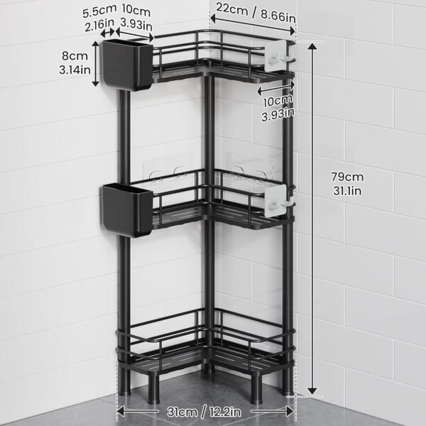 Orimade Rustproof 3 Tier Floor Standing Corner Shower Caddy Organizer with Toothbrush Holder, Large Spacing Floor Shower Shelf Rack Storage Stands with Hooks for Bathroom Kitchen, Black - Image 8