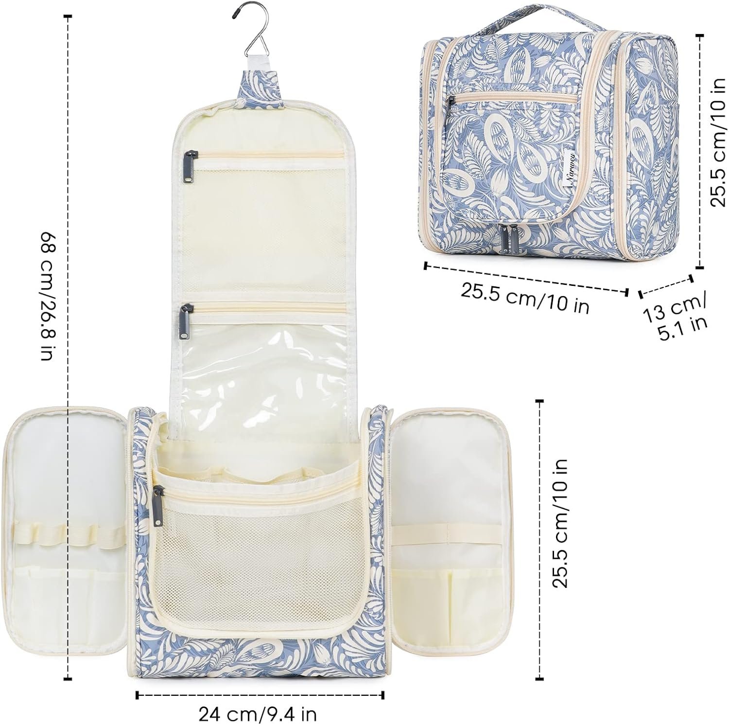 Hanging Toiletry Bag for Women Travel Makeup Bag Organizer Toiletries Bag Men for Cosmetics Essentials Accessories(Large, Blue Leaf) - Image 7