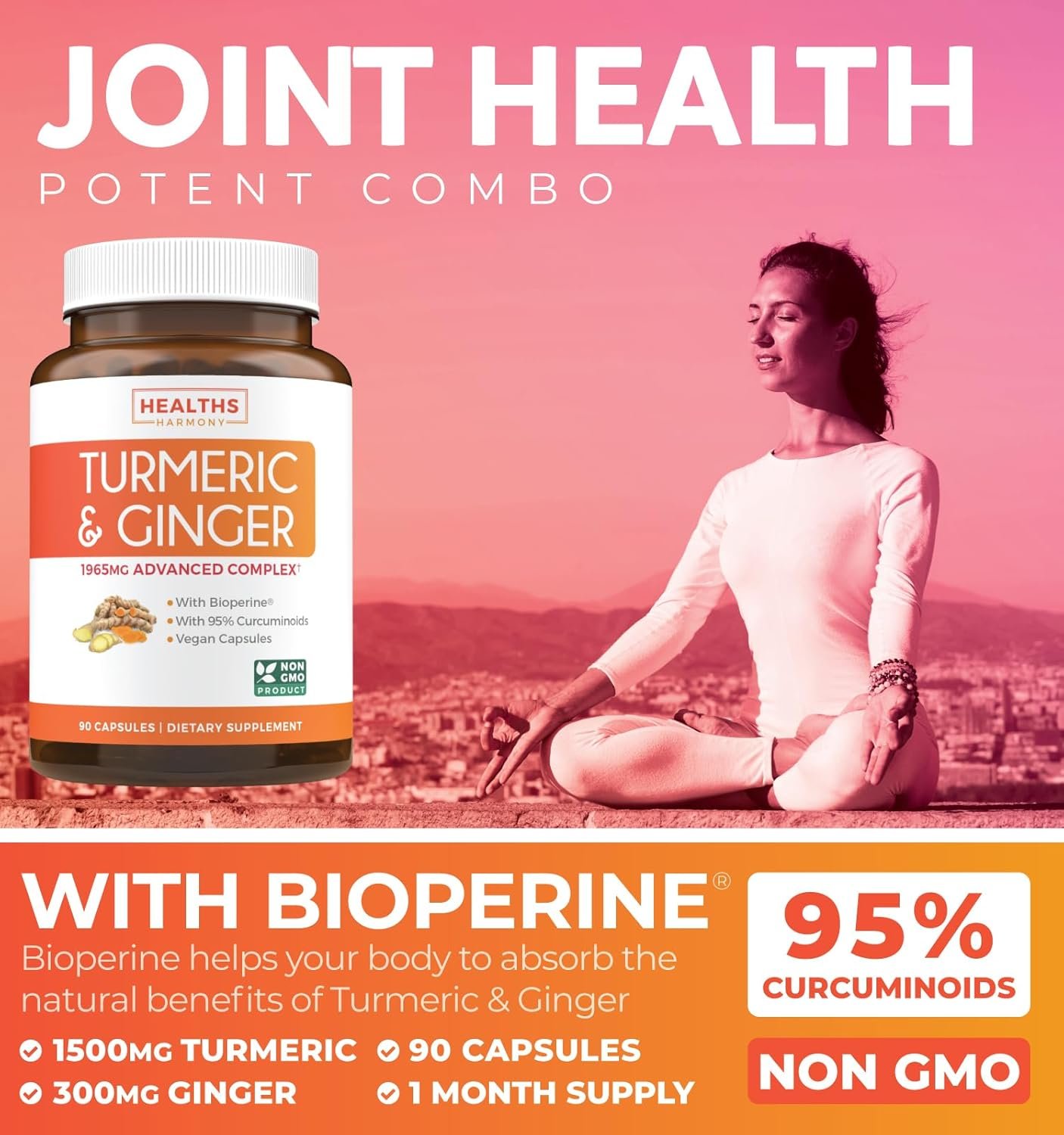 Turmeric and Ginger Supplement (Non-GMO) 1980mg Serving - Turmeric Curcumin with Black Pepper Bioperine, Ginger Extract, and 95% Curcuminoids Powder - Tumeric Joint Support Supplement - 90 Capsules - Image 4