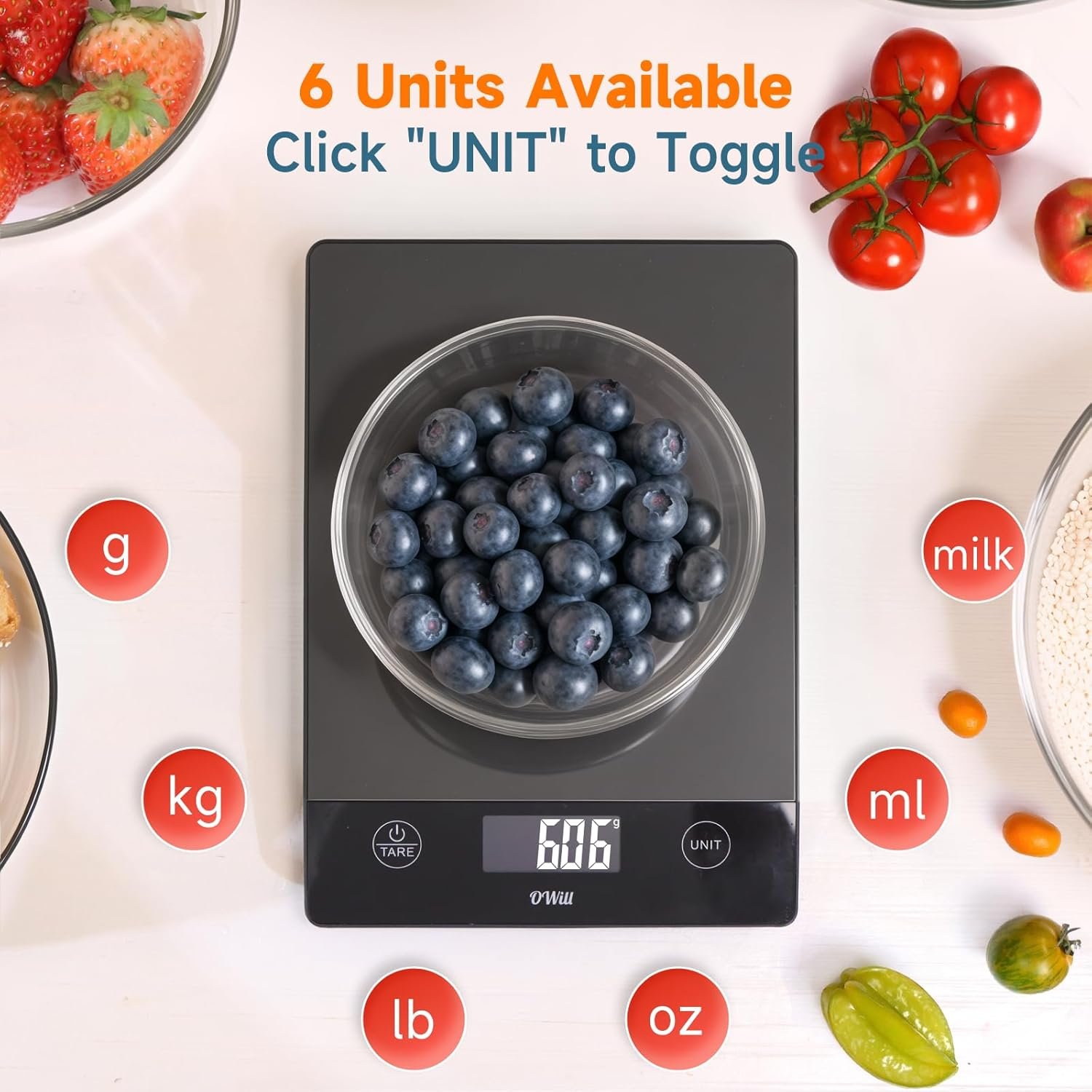 OWill Food Kitchen Scale,22lb Digital Kitchen Scale for Food Grams and Ounces,0.05oz/1g Precise Graduation,Rechargeable Stainless Steel Gram Scale, Included Batteries and USB-C Charging Cable -Blcak - Image 5