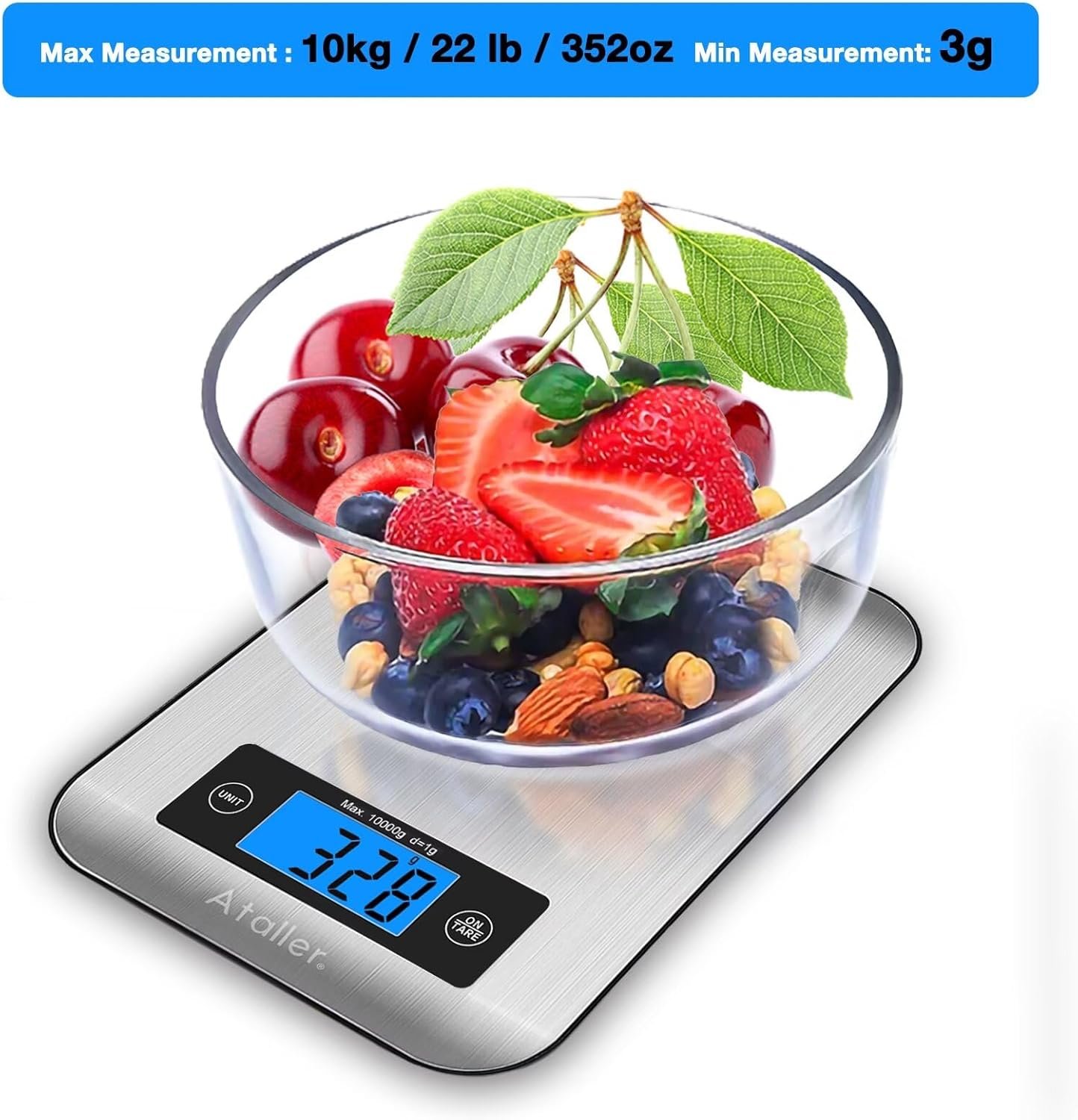 Ataller Digital Kitchen Scales, 304 Stainless Steel Food Scales, Professional Food Weighing Scales with Large LCD Display, Incredible Precision up to 1g, 10kg Maximum Weight, Silver - Image 4