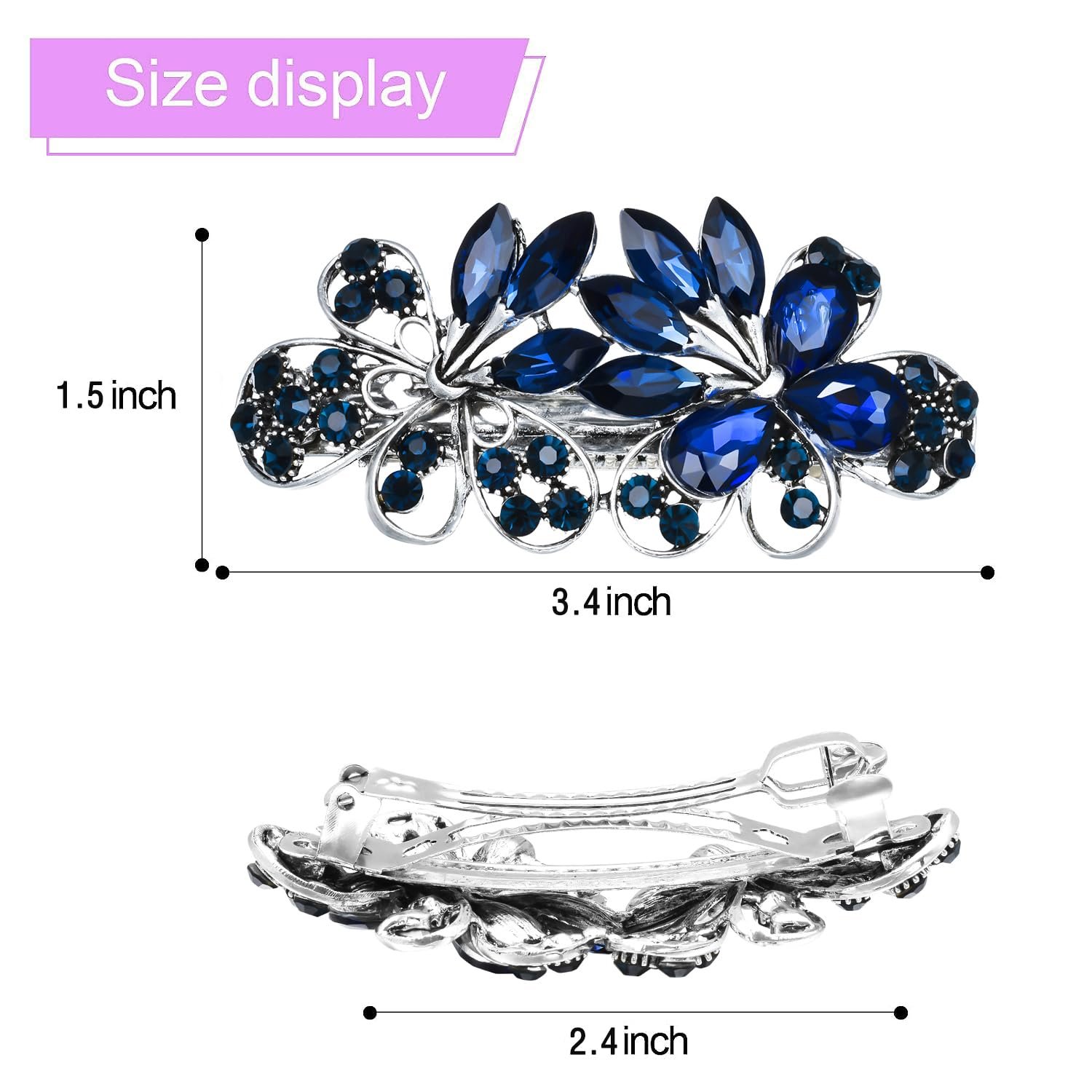 Austrian Crystal Bridal Hair Barrettes, Navy Blue Rhinestones Vintage Hair Clips, Sparkly Glitter Crystal Hairgrip Wedding Hair Headwear Accessories for Women Girls - Image 3