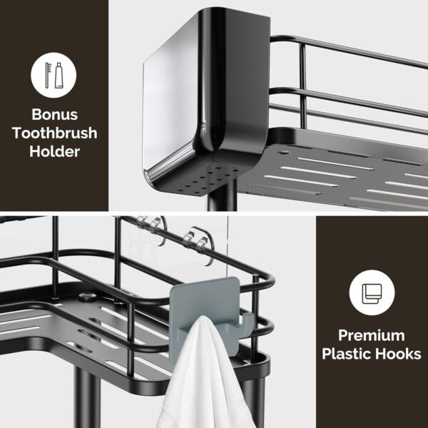 Orimade Rustproof 3 Tier Floor Standing Corner Shower Caddy Organizer with Toothbrush Holder, Large Spacing Floor Shower Shelf Rack Storage Stands with Hooks for Bathroom Kitchen, Black - Image 5