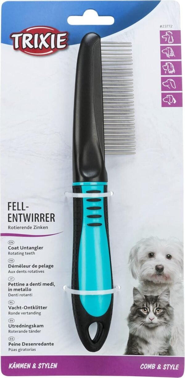 TRIXIE Pet Grooming Rake, Medium Tooth, For Dogs and Cats, Rotating Teeth Removes Loose Hair, Tangles, and Prevents Mats, 8.7" (22cm) - Image 4