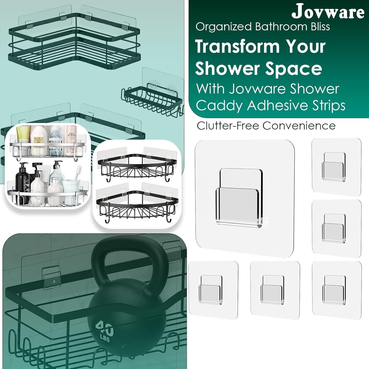 Shower Caddy Adhesive Replacement Sticker Flat Hook Adhesive Shower Caddy Hooks Flat Hook Flat Shower Caddy Hooks Transparent Strong Hook for Bathroom Shower Organizer Kitchen 6 Pack - Image 3