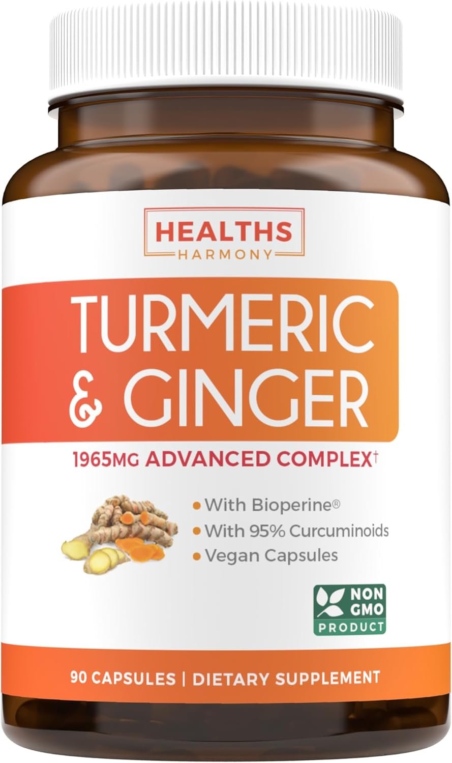 Turmeric and Ginger Supplement (Non-GMO) 1980mg Serving - Turmeric Curcumin with Black Pepper Bioperine, Ginger Extract, and 95% Curcuminoids Powder - Tumeric Joint Support Supplement - 90 Capsules - Image 2