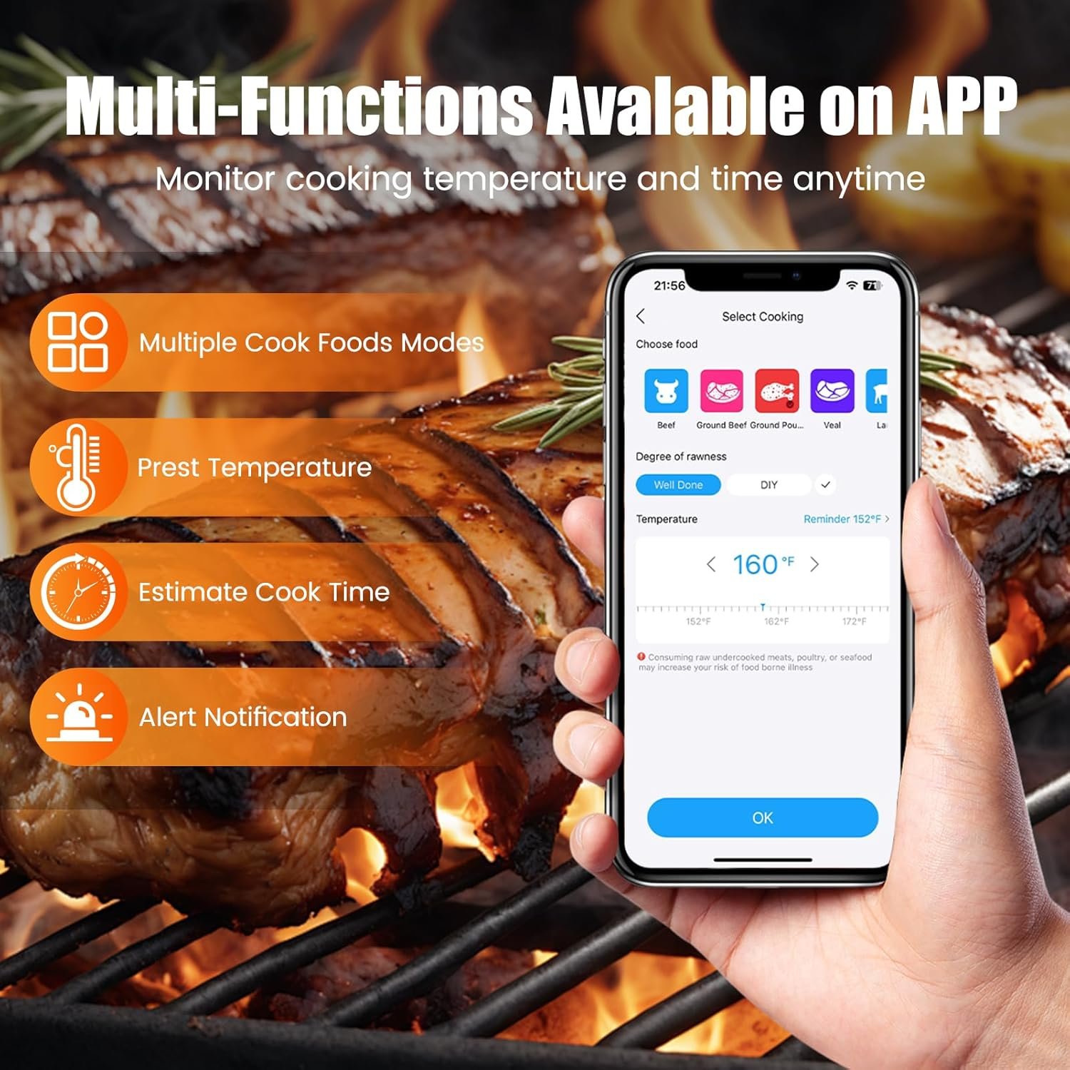 Portable Smart Wireless Meat Thermometer with Bluetooth & Multifunctional APP-Enabled, 500FT Bluetooth Meat Thermometer for Kitchen Cooking BBQ, Smoker, Rotisserie, Gas Oven, Grill - Image 5