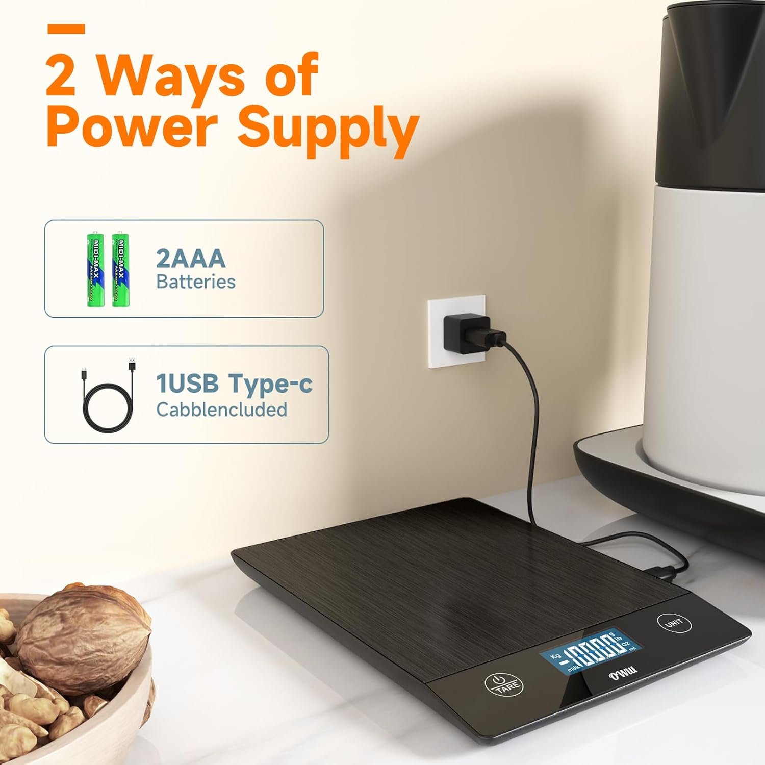 OWill Food Kitchen Scale,22lb Digital Kitchen Scale for Food Grams and Ounces,0.05oz/1g Precise Graduation,Rechargeable Stainless Steel Gram Scale, Included Batteries and USB-C Charging Cable -Blcak - Image 4