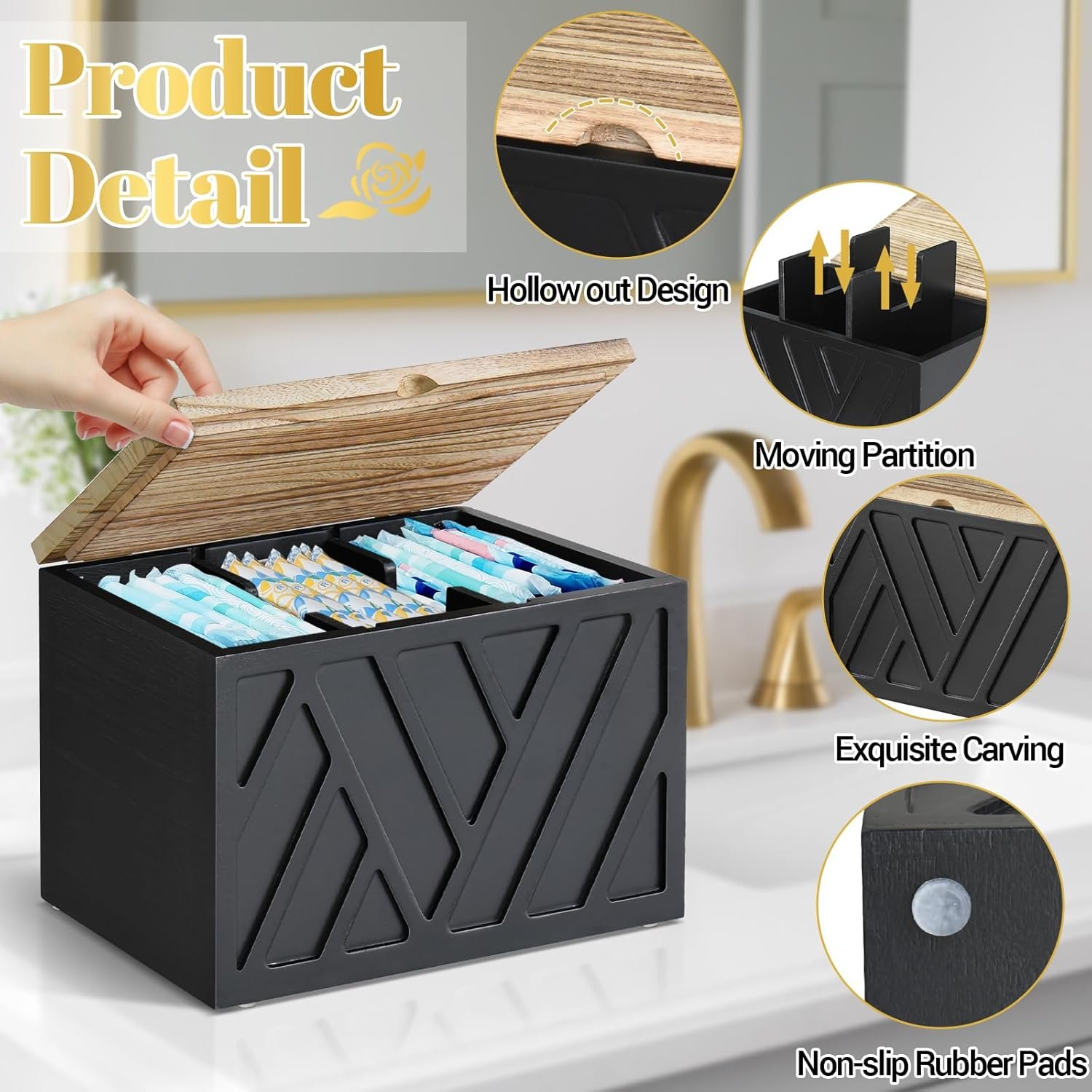 Tampon Holder for Bathroom Decor, Feminine Product Organizer with Lid, Shark Week Tampon Storage, Wood Pad and Tampon Organizer for Toilet Organizer, Bathroom Accessories Box for Girl Stuff - Image 7