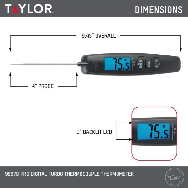 Taylor Digital Turbo Instant Read Thermocouple Meat Food Grill BBQ Cooking Kitchen Thermometer, Folding Probe, Black - Image 5