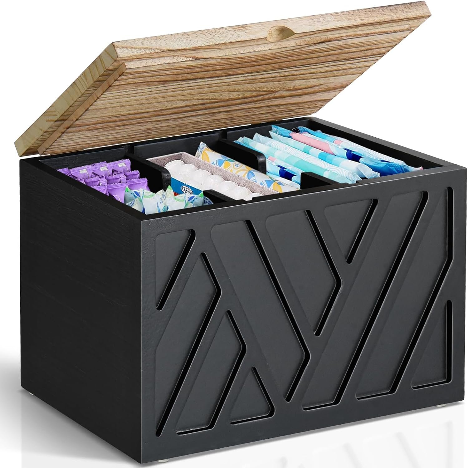 Tampon Holder for Bathroom Decor, Feminine Product Organizer with Lid, Shark Week Tampon Storage, Wood Pad and Tampon Organizer for Toilet Organizer, Bathroom Accessories Box for Girl Stuff - Image 2