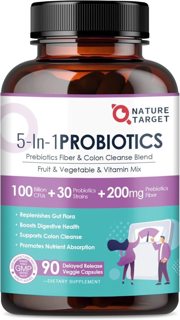 NATURE TARGET Probiotics for Women-Men-Kids Digestive Health, Prebiotics and Probiotics for Women, 100 Billion for Gut and Immune Health, No Refrigeration, 90 Veggie Capsules (45 Days Supply) - Image 2