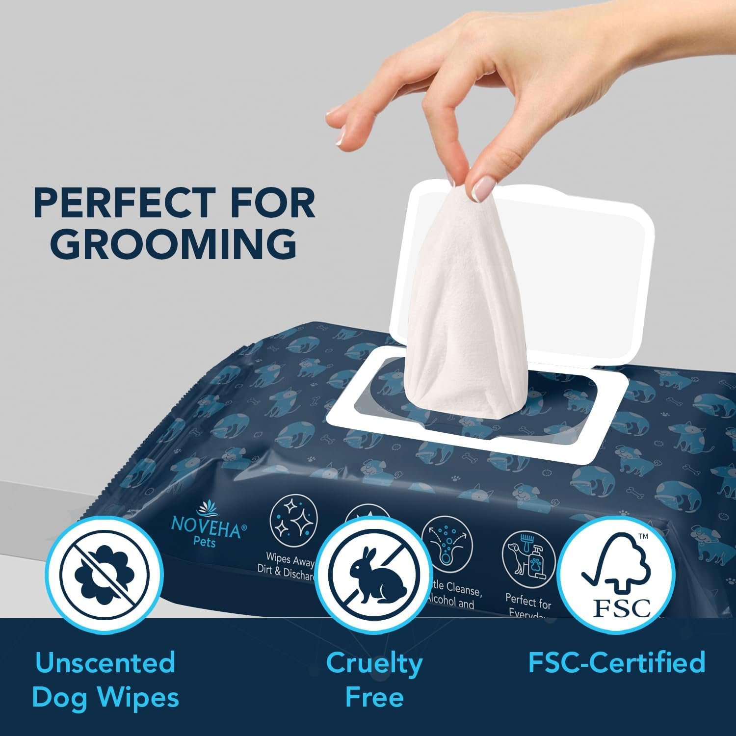 NOVEHA Dog Wipes - Odor Eliminating and Cleaning Grooming Wipes for Dog's Paws, Body, and Butt - Perfect for Puppy and Adult Dogs - Plant-Based, Safe, Convenient & Large Unscented Wipes (360 Counts) - Image 7