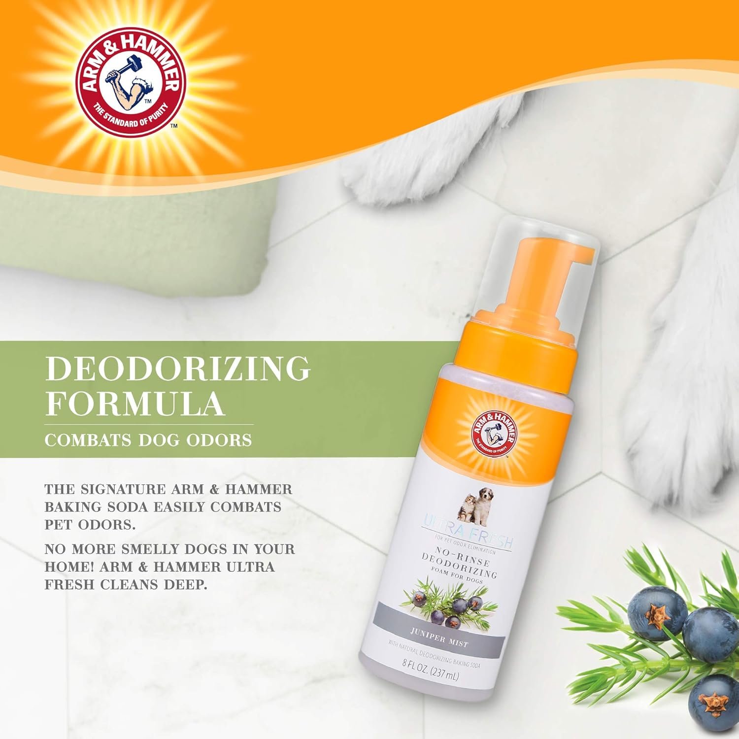 Arm & Hammer for Pets Ultra Fresh Dog Deodorizing Foam, Juniper Mist Scent - No Rinse Waterless Dog Shampoo for Smelly Dogs, Pet Deodorizer, Bathing Supplies, 8 Fl Oz - Image 4