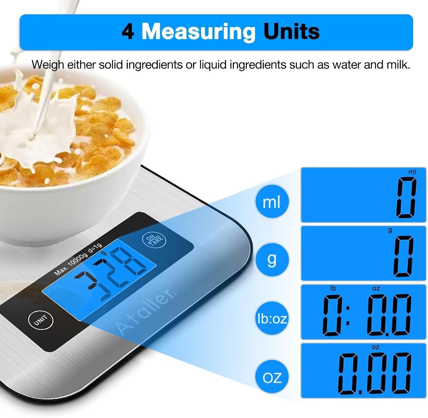 Ataller Digital Kitchen Scales, 304 Stainless Steel Food Scales, Professional Food Weighing Scales with Large LCD Display, Incredible Precision up to 1g, 10kg Maximum Weight, Silver - Image 5