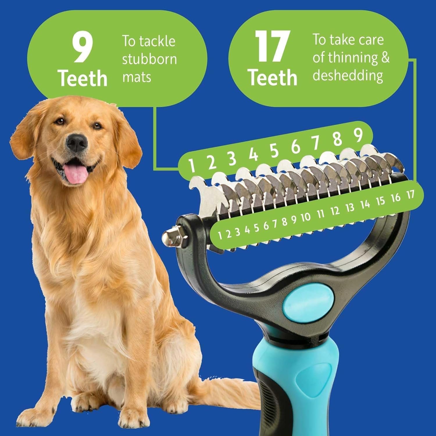DakPets Pet Grooming Brush. Extra Wide, Double Sided Dematting Undercoat Rake for Dogs and Cats. Reduce Dog and Cat Shedding by 95%, Blue - Image 4