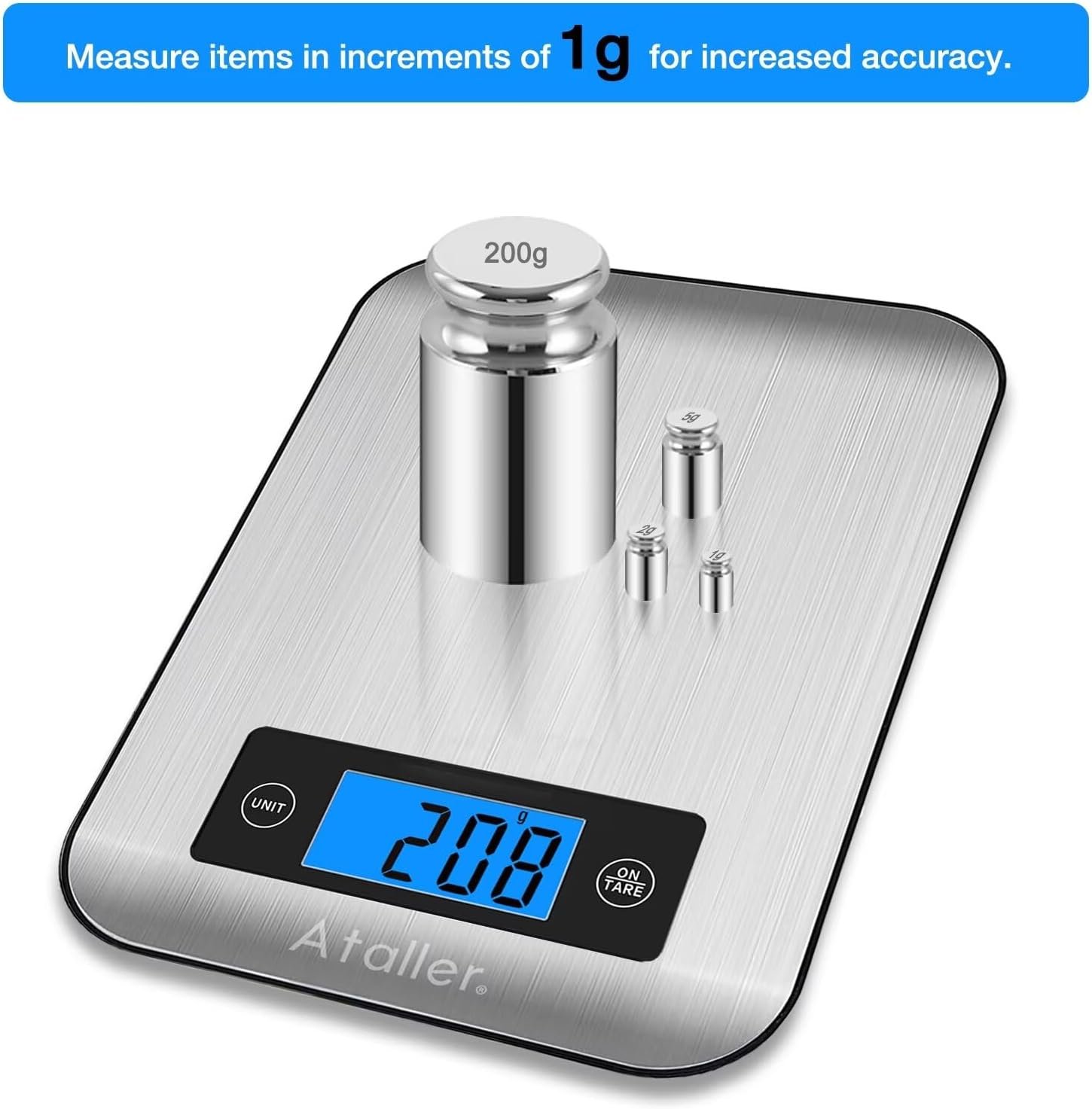 Ataller Digital Kitchen Scales, 304 Stainless Steel Food Scales, Professional Food Weighing Scales with Large LCD Display, Incredible Precision up to 1g, 10kg Maximum Weight, Silver - Image 3