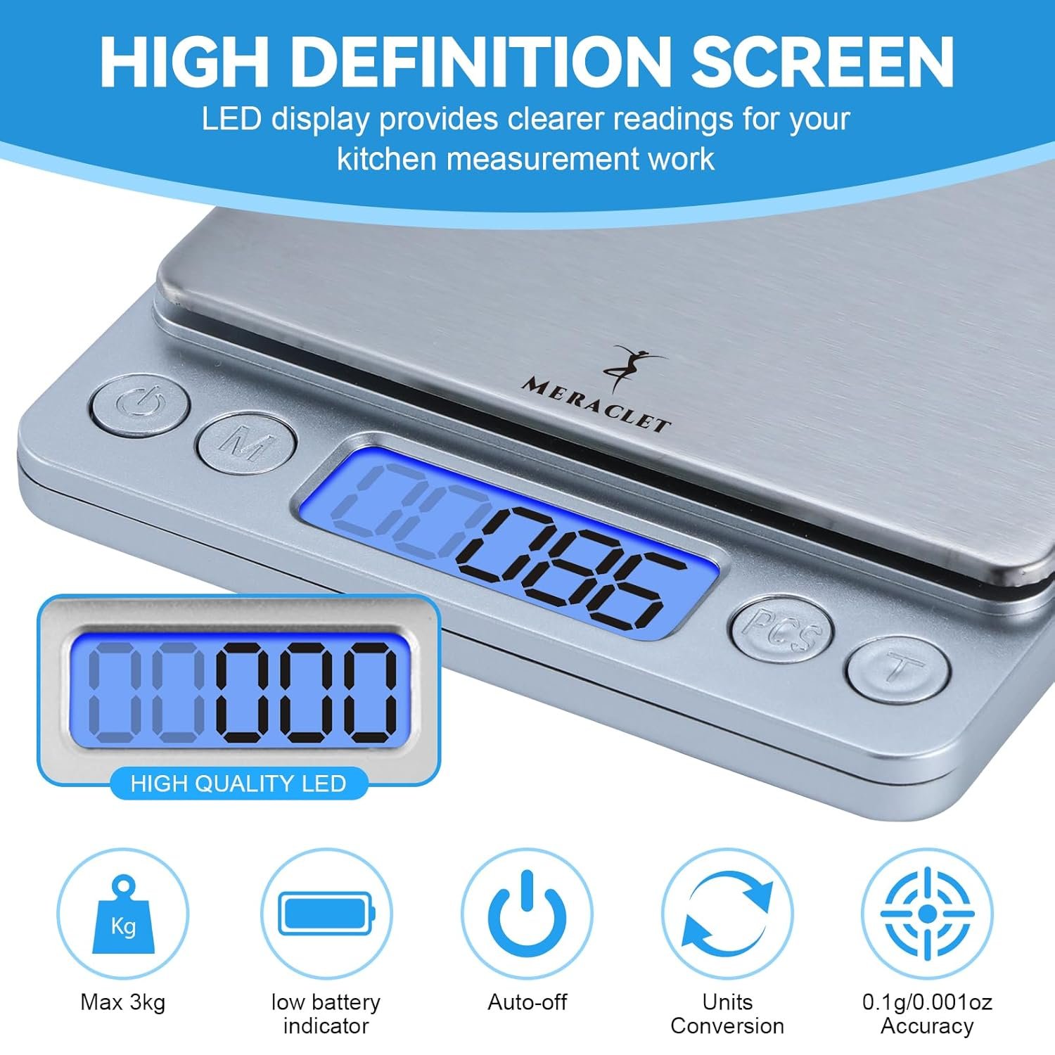Food Scale - Digital Kitchen Scales Grams and Ounces for Cooking Baking Jewelry - Smart Precision Counting Weighing Scale for Food with 2 Trays 3000g/0.1g LCD Display (Batteries Included) - Image 6