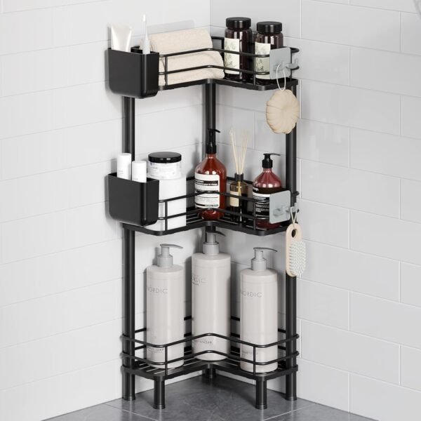 Orimade Rustproof 3 Tier Floor Standing Corner Shower Caddy Organizer with Toothbrush Holder, Large Spacing Floor Shower Shelf Rack Storage Stands with Hooks for Bathroom Kitchen, Black - Image 2