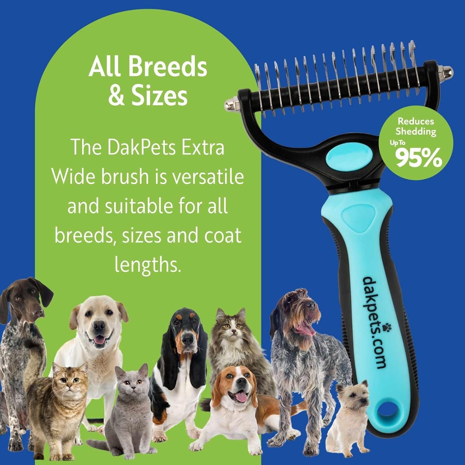 DakPets Pet Grooming Brush. Extra Wide, Double Sided Dematting Undercoat Rake for Dogs and Cats. Reduce Dog and Cat Shedding by 95%, Blue - Image 5