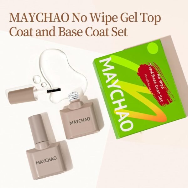 MAYCHAO 2 Pcs 15ml Gel Top and Base Coat Set, Clear Base and No Wipe Shiny Top Coat Gel Nail Polish UV LED Nail Lamp Need Long Lasting Gel Nail Lacquer Nail Art Design Manicure for Women - Image 7