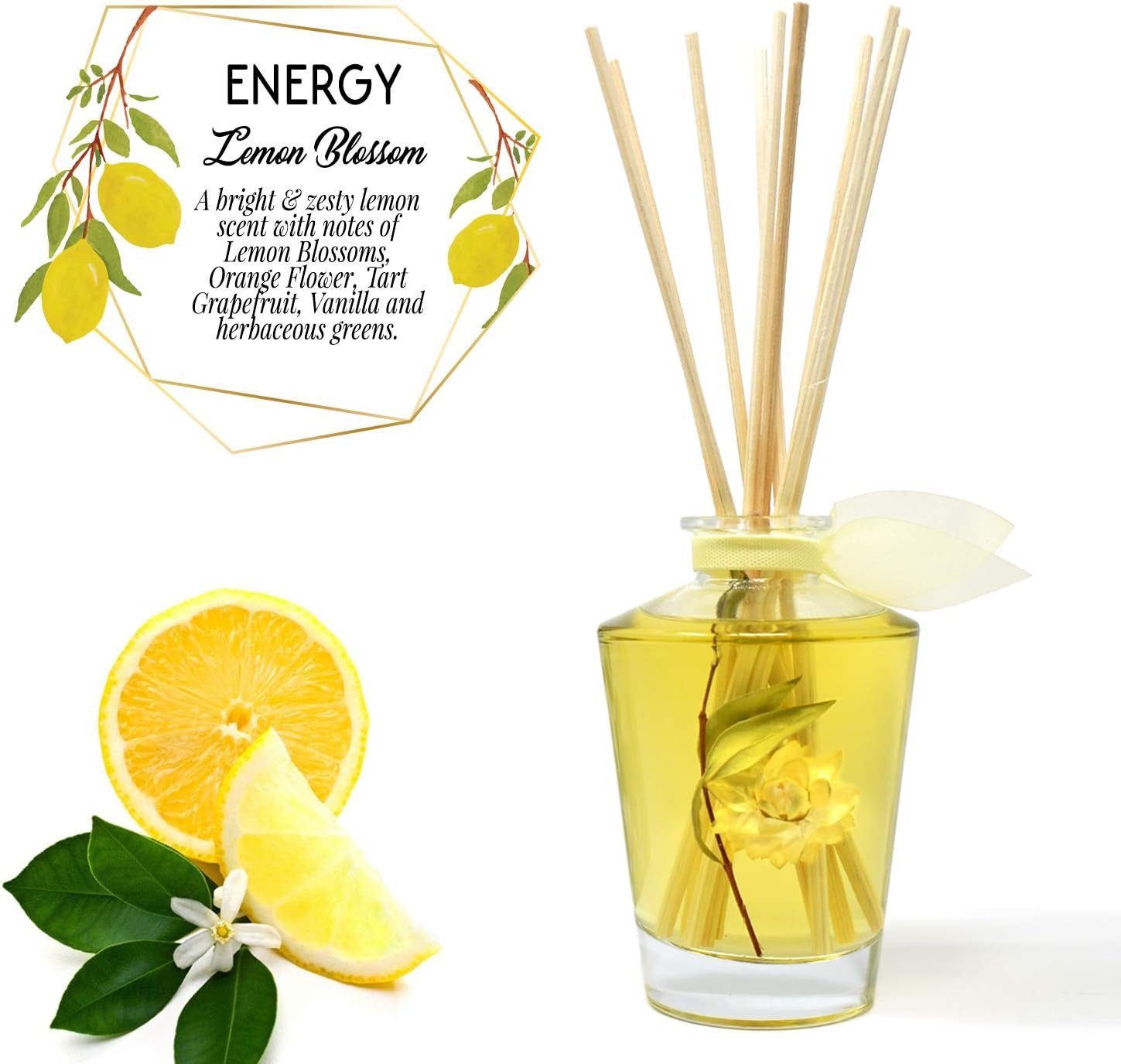 LOVSPA Energy Lemon Blossom Scented Reed Diffuser Oil & Sticks Gift Set | Bright Zesty Lemon, Orange Flower, Grapefruit, Vanilla & Herbs | Made with Essential Oils & Decorated with Real Botanicals! - Image 4