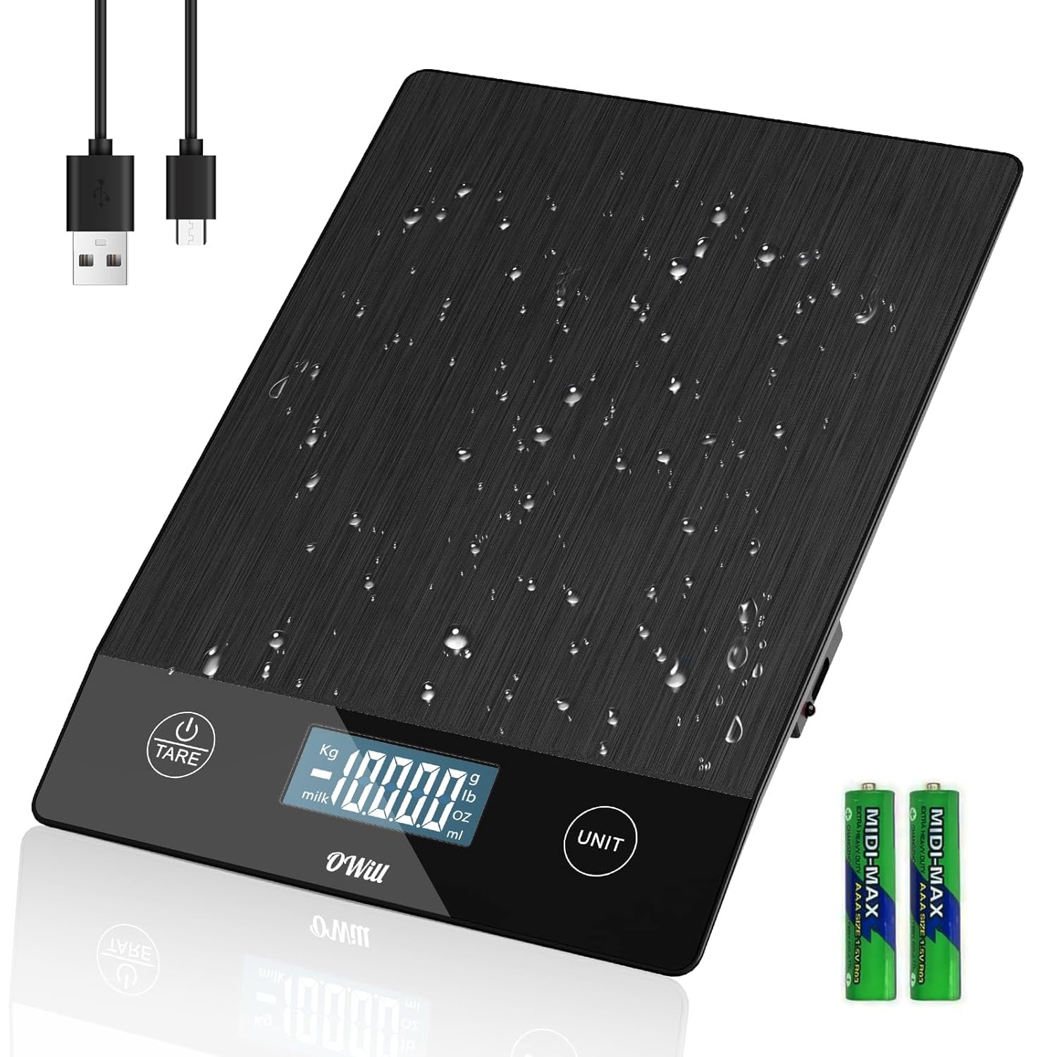 OWill Food Kitchen Scale,22lb Digital Kitchen Scale for Food Grams and Ounces,0.05oz/1g Precise Graduation,Rechargeable Stainless Steel Gram Scale, Included Batteries and USB-C Charging Cable -Blcak - Image 2