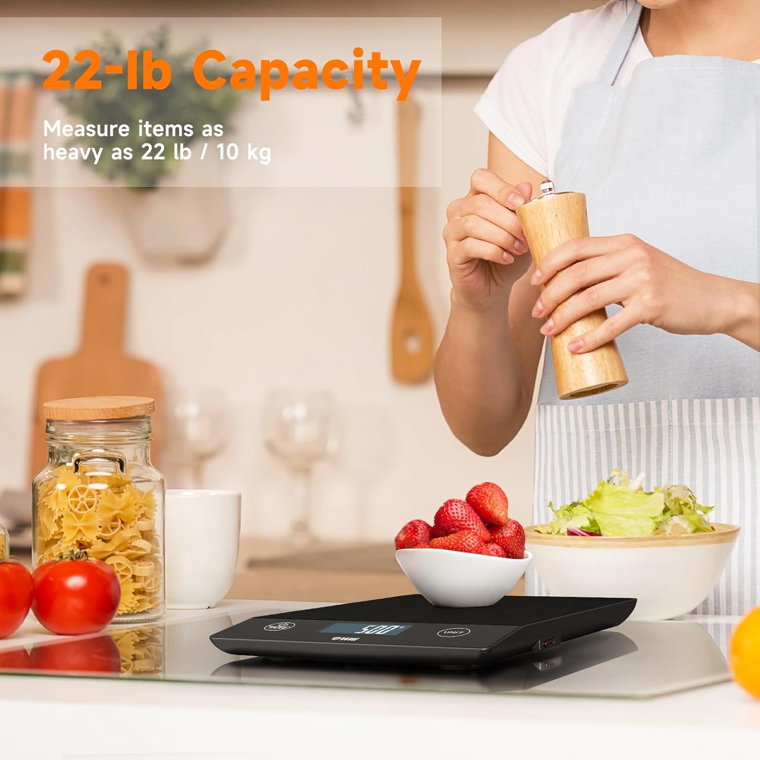 OWill Food Kitchen Scale,22lb Digital Kitchen Scale for Food Grams and Ounces,0.05oz/1g Precise Graduation,Rechargeable Stainless Steel Gram Scale, Included Batteries and USB-C Charging Cable -Blcak - Image 3