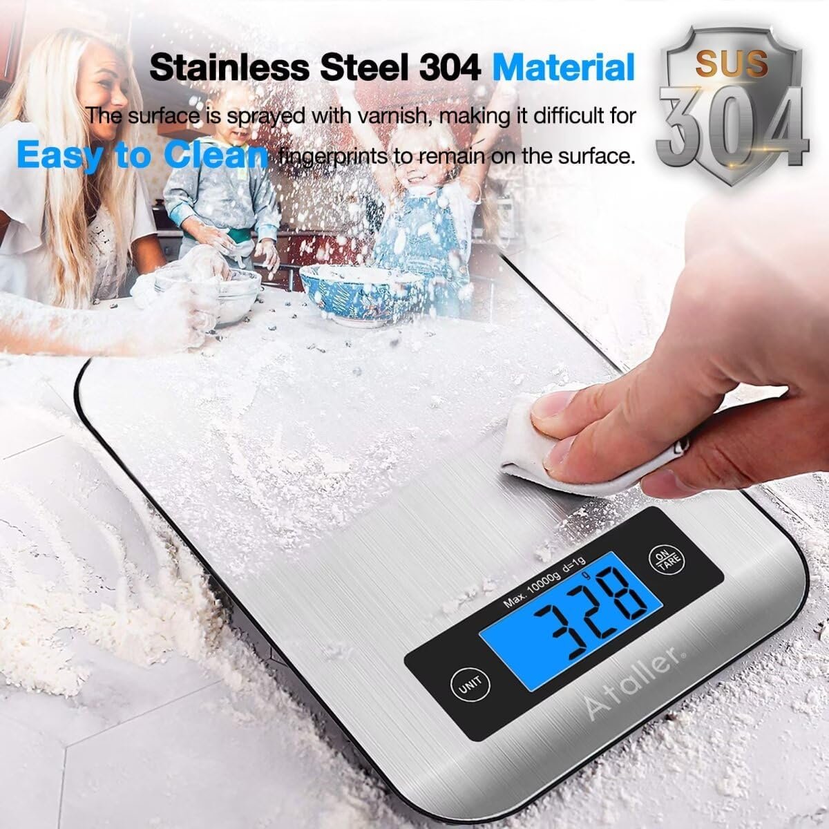 Ataller Digital Kitchen Scales, 304 Stainless Steel Food Scales, Professional Food Weighing Scales with Large LCD Display, Incredible Precision up to 1g, 10kg Maximum Weight, Silver - Image 8